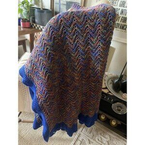 Crochet Afghan Throw Blanket Tight Knit Large Mixed Blue And Purple Handmade